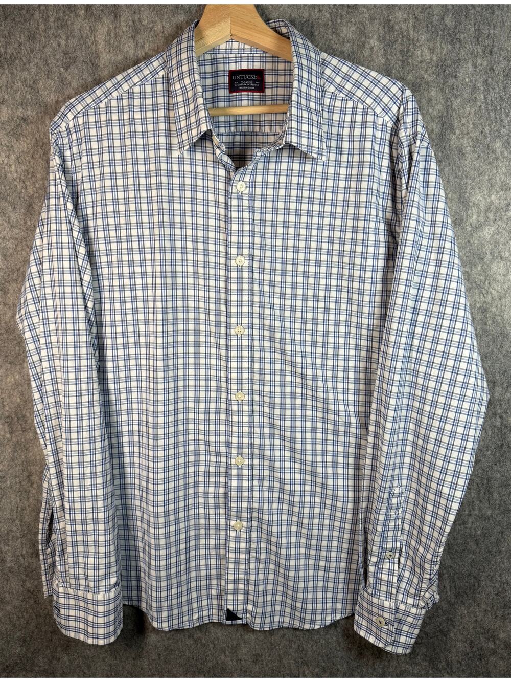 UNTUCKit Mens Rosedale Navy XL Nylon Performance Button Up Shirt Plaid Blue